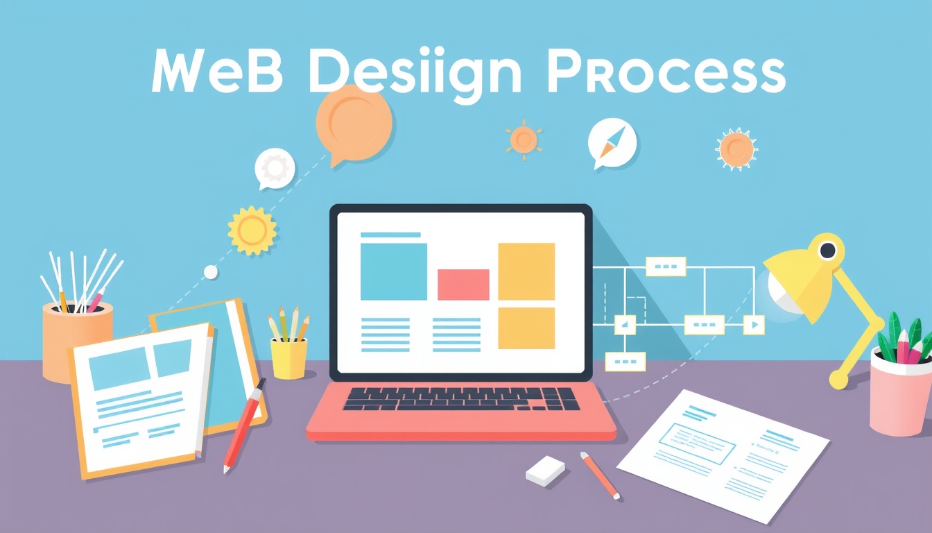 Illustration of web design process with laptop and tools.