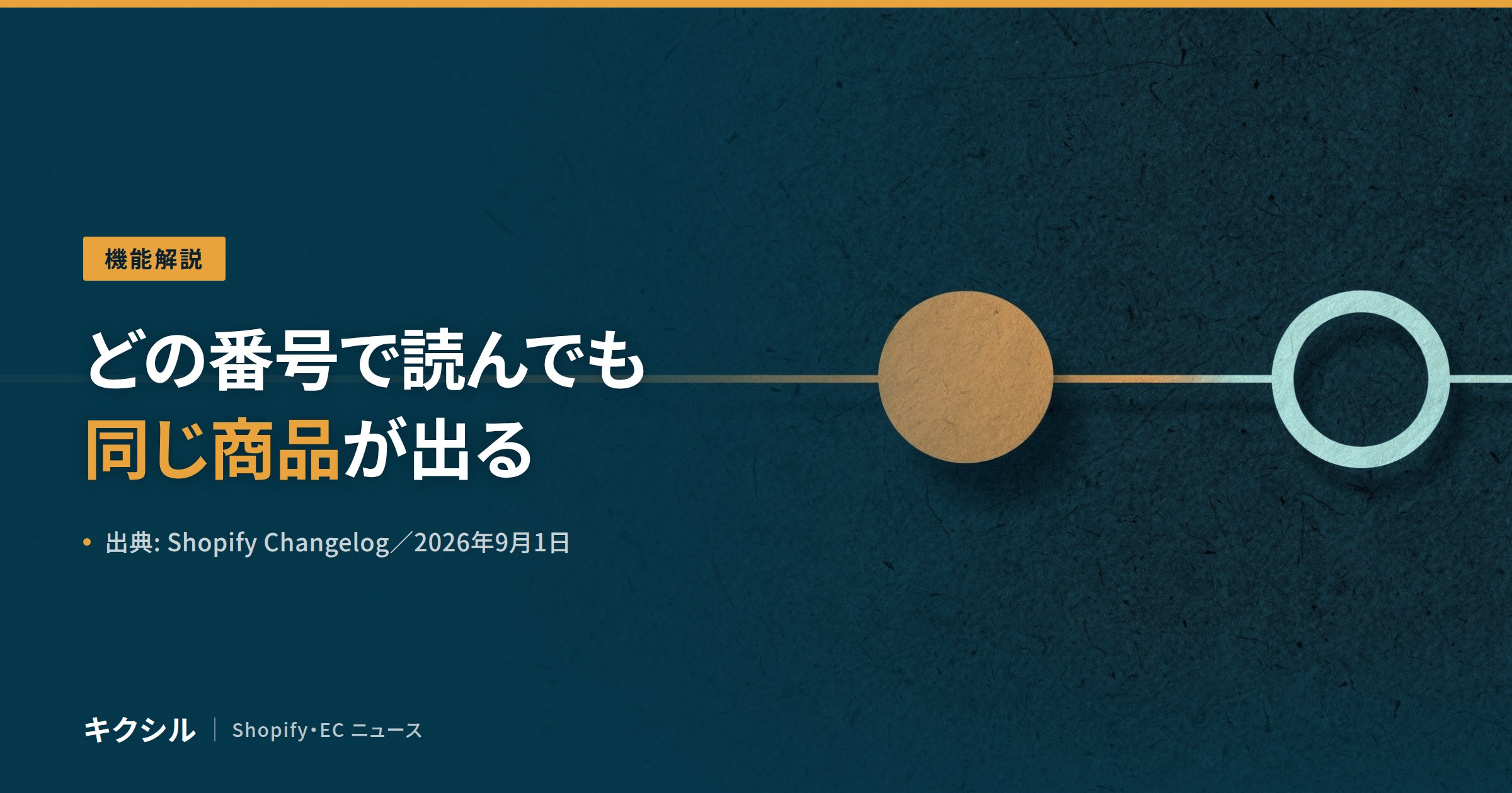 同じ商品を別のバーコードからでも引けるようになった変更のアイキャッチ：どの番号で読んでも同じ商品が出ると示し、1本の線の上に塗りつぶした円と輪郭だけの円が並ぶ図を背景にしている