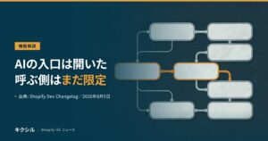 オンラインストアがAIエージェント用の入口を持つようになった発表のアイキャッチ：AIの入口は開いたが呼ぶ側はまだ限定だと示し、名前つきのブロックが線でつながった分岐図を背景にしている
