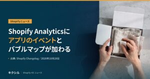 Shopifyニュースのアイキャッチ：灰色の台の上で白い小箱に麻の布を詰める両手の写真に「Shopify Analyticsに アプリのイベントと バブルマップが加わる」の見出し