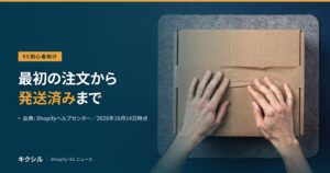 最初の注文から発送済みにするまでを紹介する記事のアイキャッチ：フェルトの上の段ボール箱に両手を置く写真に「最初の注文から発送済みまで」の見出し